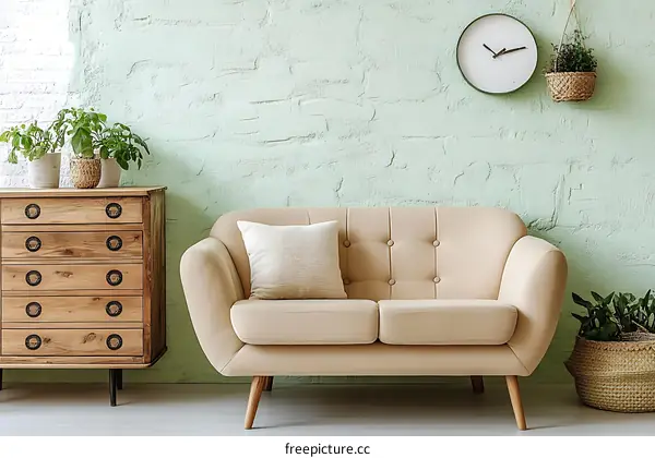 Cozy Living Room with Light Green Wall and Beige Sofa