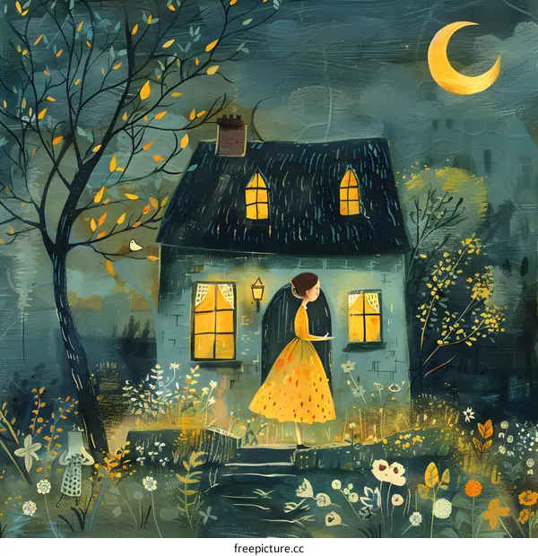 girl standing in front of a cottage in the woods