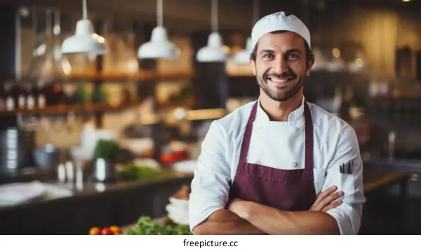 Portrait of a happy chef standing in a commercial kitchen