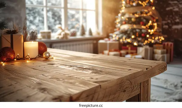 Rustic table with Christmas decorations in the background