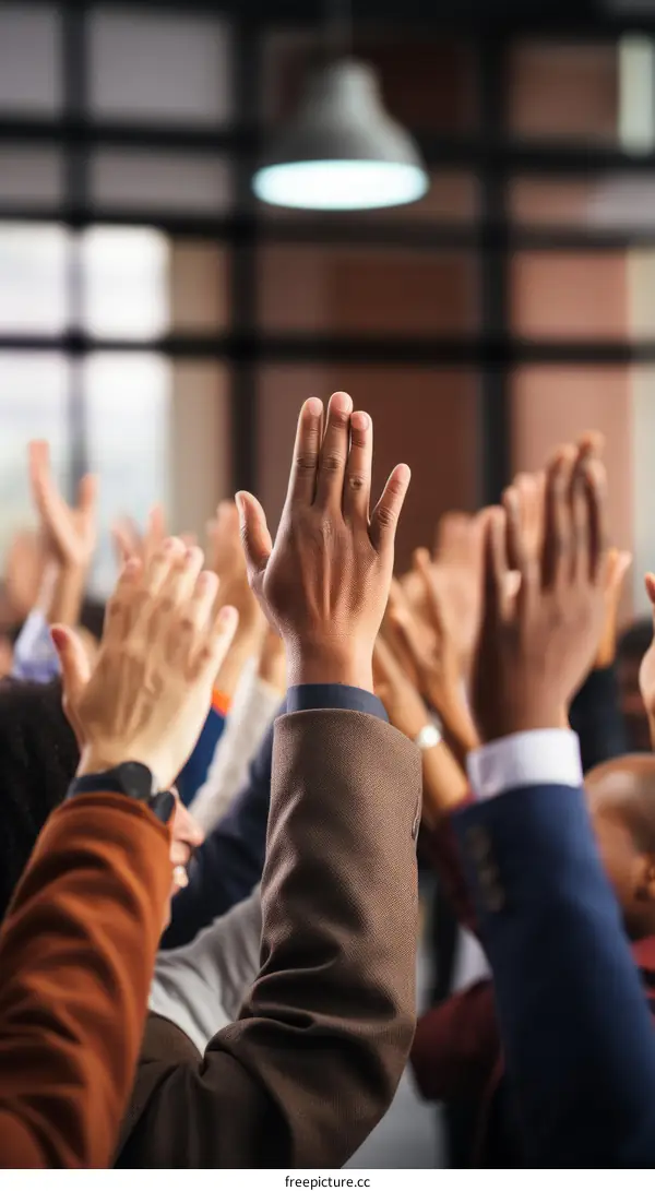 A group of people of various ethnicities are raising their hands in a meeting or classroom.