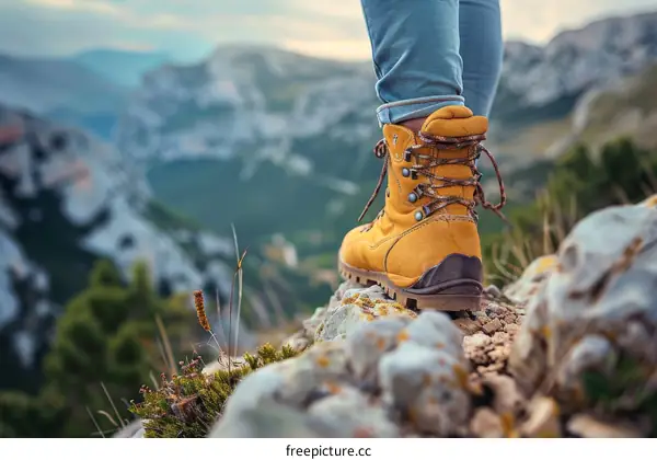 Close up of a hiker's boot on a rocky mountain peak