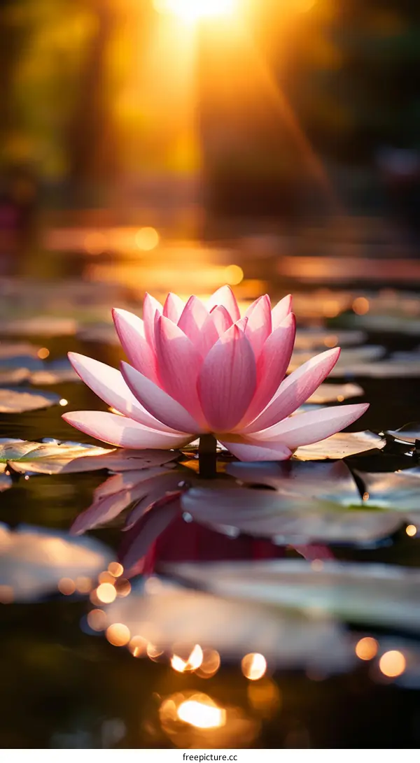 Pink Water Lily Flower in a Pond with Sunlight on Water Surface