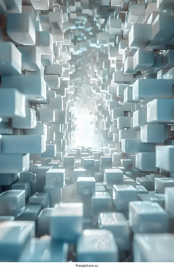 3D rendering of a tunnel made of white cubes with a bright light at the end