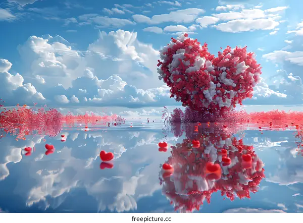 A surreal landscape with a heart-shaped tree made of flowers and a lake reflecting the sky