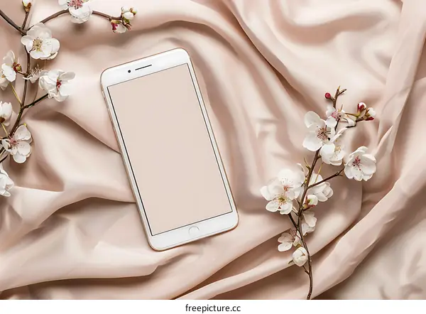 White Smartphone on Pink Silk Fabric With White Flowers
