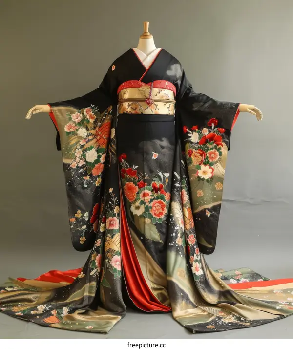 A woman wearing a black kimono with red and gold floral patterns