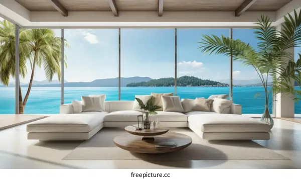 Modern coastal living room interior design with large windows overlooking the ocean