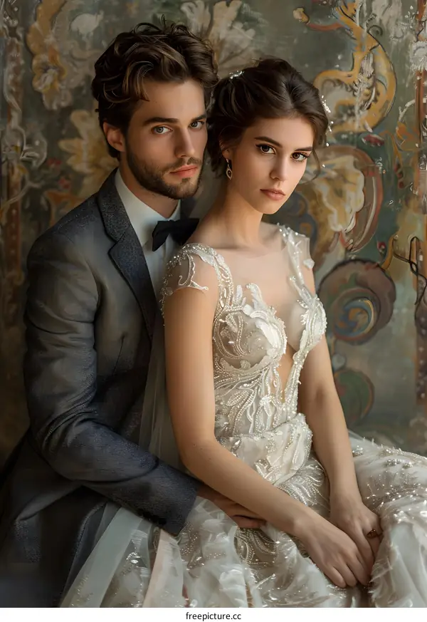 A Blonde Handsome Guy and a Brunette Beautiful Girl in Wedding Dress