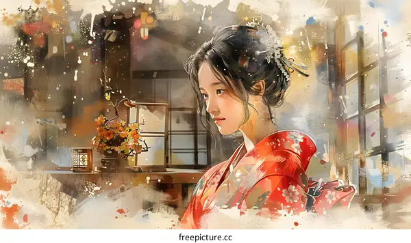 A beautiful Japanese woman wearing a kimono is looking out the window.