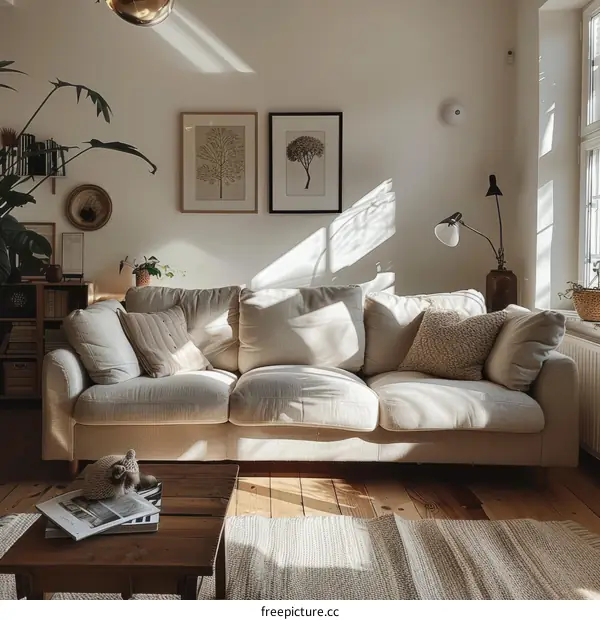 Minimalist Scandinavian Living Room with Sofa and Plants