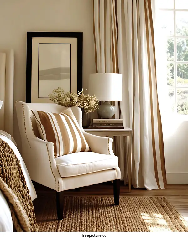Elegant Bedroom Interior with Striped Curtains