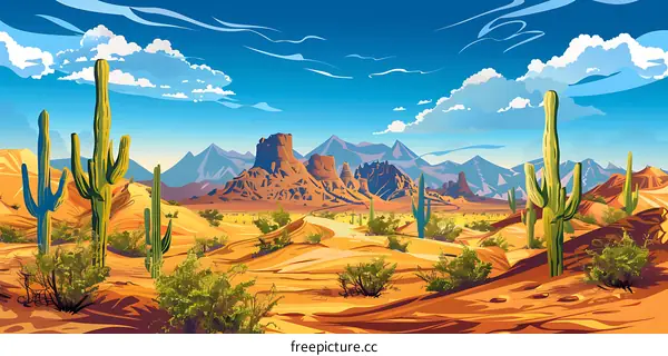 Desert Landscape with Cactus and Mountains