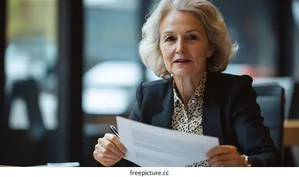 Senior Business Woman Reviewing Documents in Office