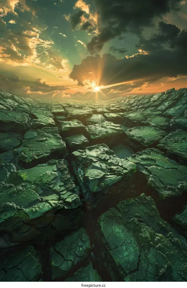 Cracked Earth Landscape with Clouds and Sun