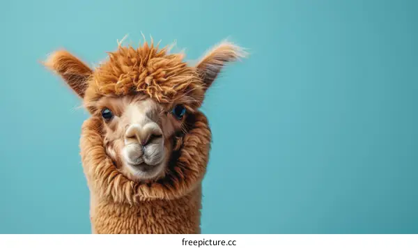 Close-up Portrait of a Fluffy Brown Alpaca with Blue Eyes