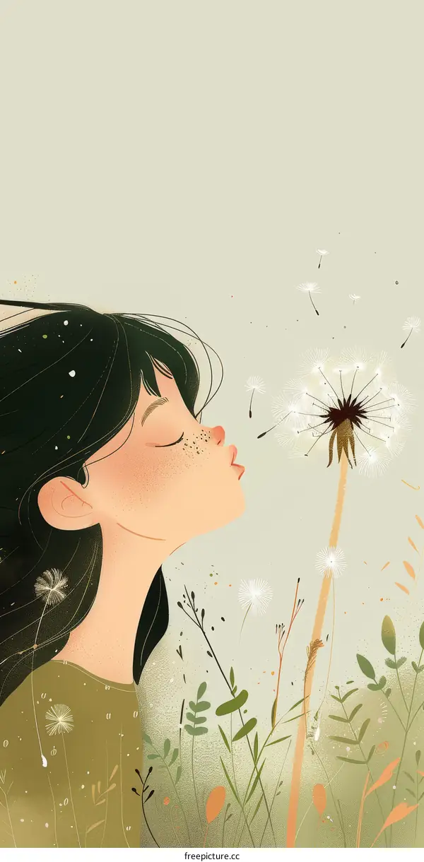 A Girl Blowing Dandelion Seeds and Making a Wish