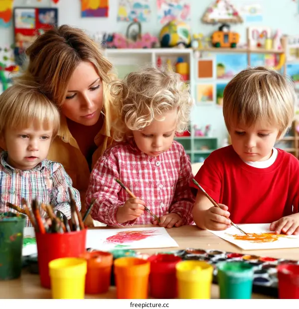 Preschoolers Painting with Teacher