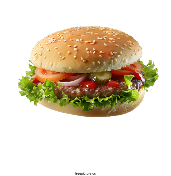 [Transparent Background PNG]Close up of a Freshly Made Hamburger with Lettuce, Tomato, Onion, Pickle and Ketchup