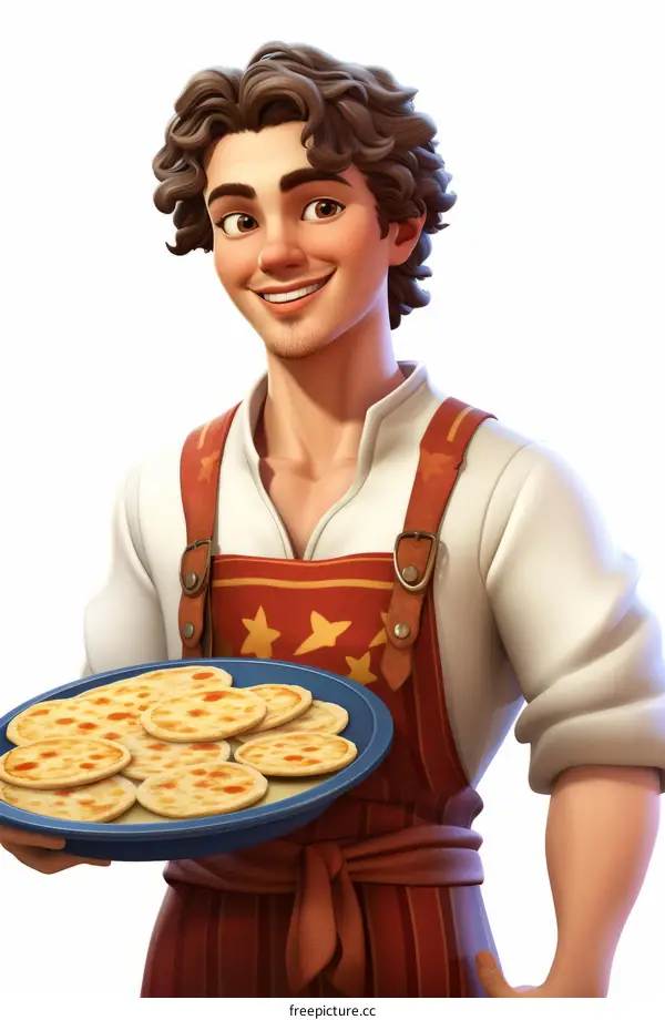 An illustration of a young man holding a plate of bread.