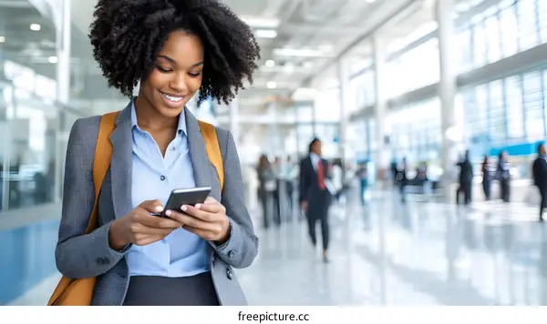 Business Woman Using Phone in Office Building