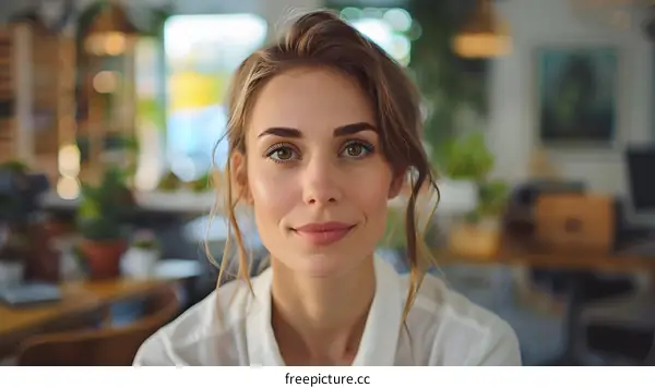 portrait of a young woman with brown hair and green eyes wearing a white shirt