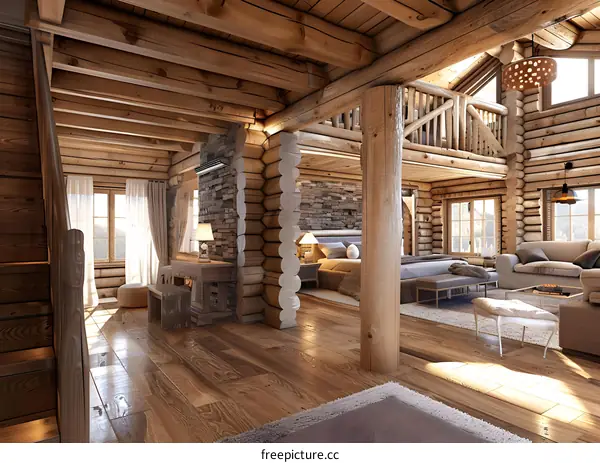 Rustic Log Cabin Interior Design With Wooden Beams and Fireplace