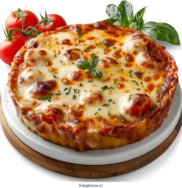 A delicious lasagna with melted cheese and fresh basil