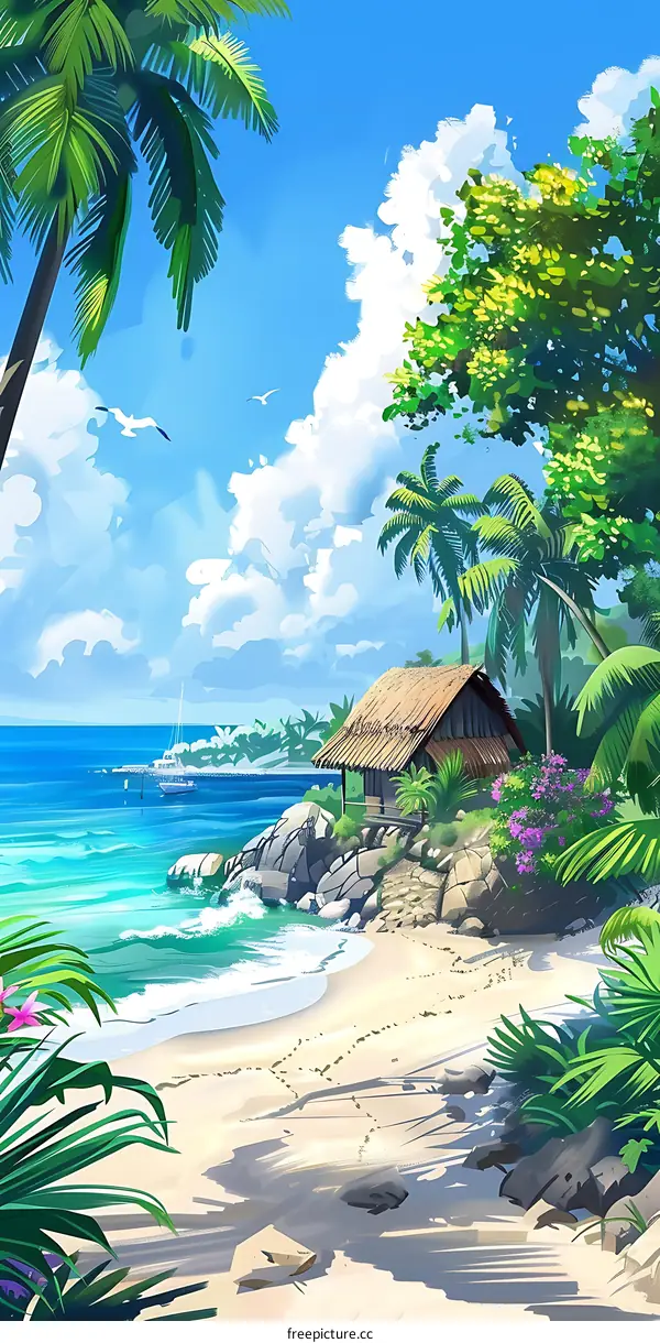 Tropical Beach Scene with Hut and Palm Trees