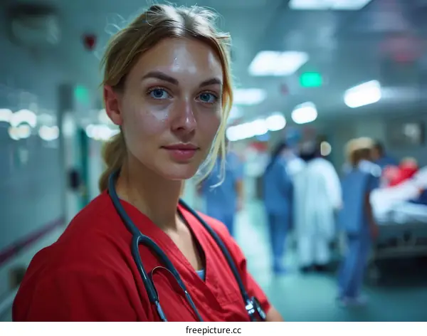 Portrait of a Confident Female Doctor in a Busy Hospital Setting