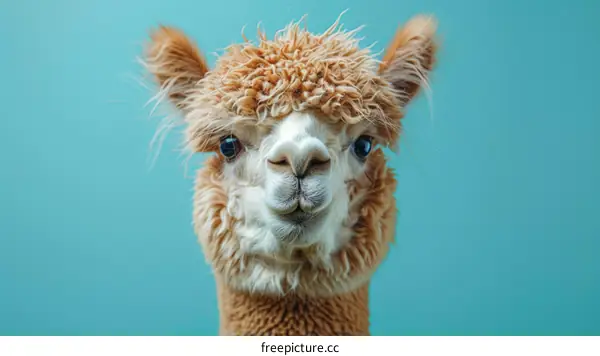A fluffy brown alpaca with big eyes looking at the camera