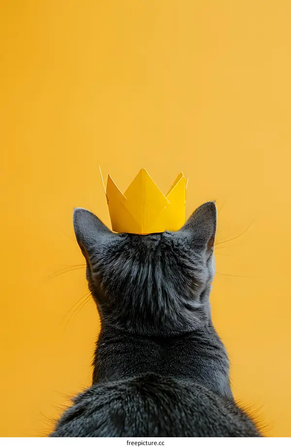 Gray Cat Wearing a Yellow Crown on a Yellow Background
