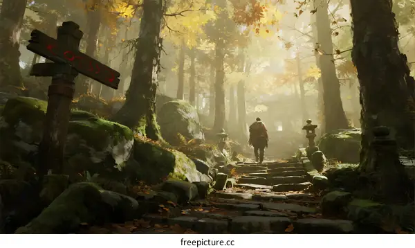 Misty Path in Ancient Forest with Man Walking