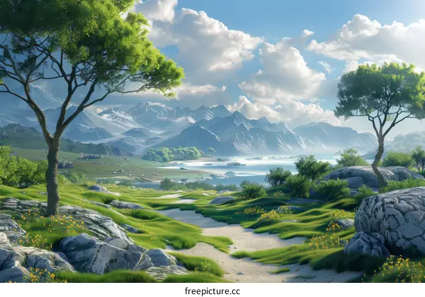 Fantasy Mountain Landscape with Lake and Trees