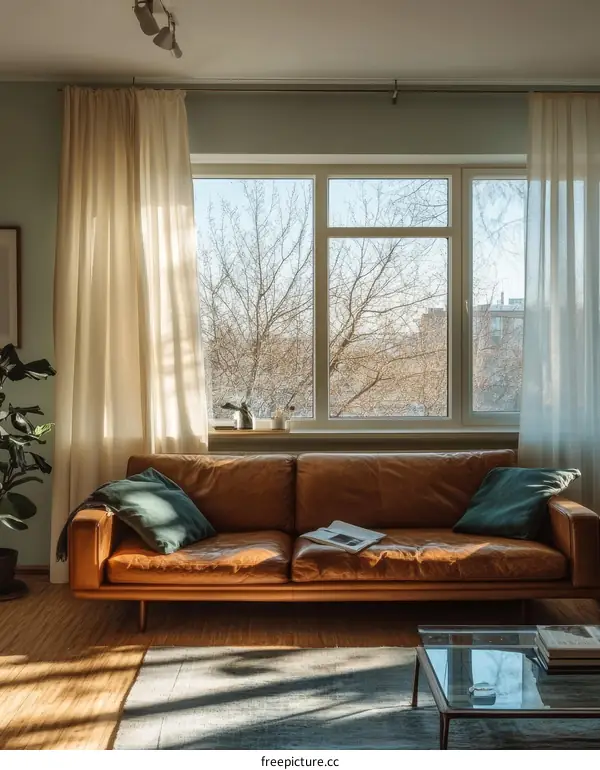 Cozy Living Room with Leather Sofa and Big Window