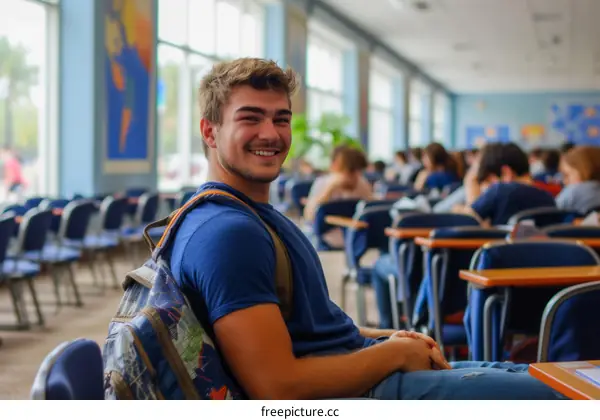 Portrait of a smiling young male student sitting in a classroom