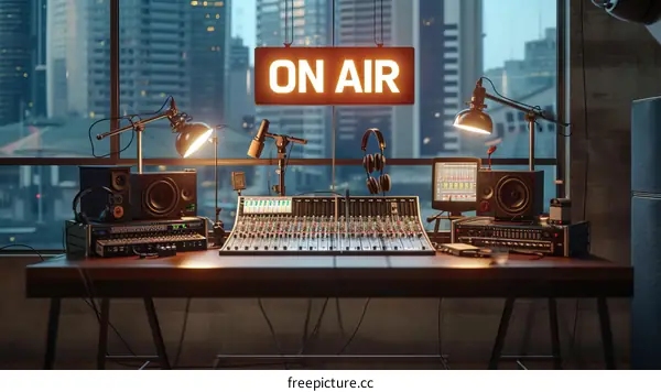 Radio station control room with mixing console, microphone and headphones