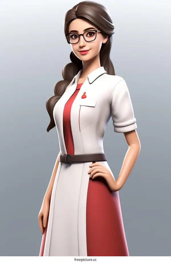 Smiling Young Female Doctor in White Lab Coat and Red Dress