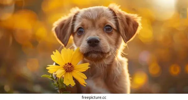 A Cute Puppy Sniffing Yellow Flower in Field of Flowers