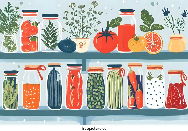 Illustration of a Shelf with Jars of Homemade Pickles and Preserves