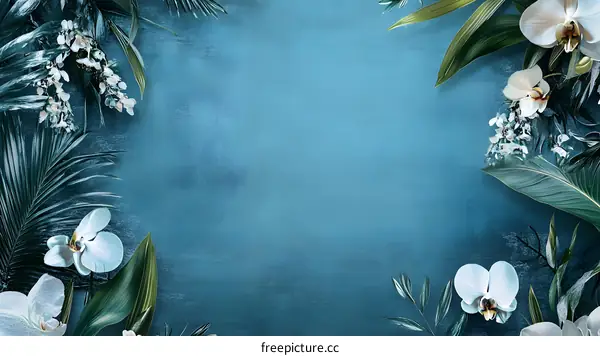 Floral Border With White Orchids and Green Leaves on a Blue Background