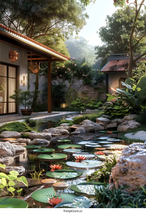 Modern Chinese Garden Landscape Design with Lotus and Pond