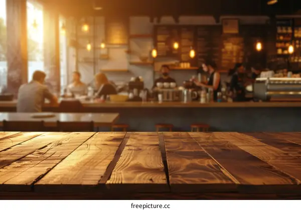 Wooden table in a cafe with blurred background of people and barista