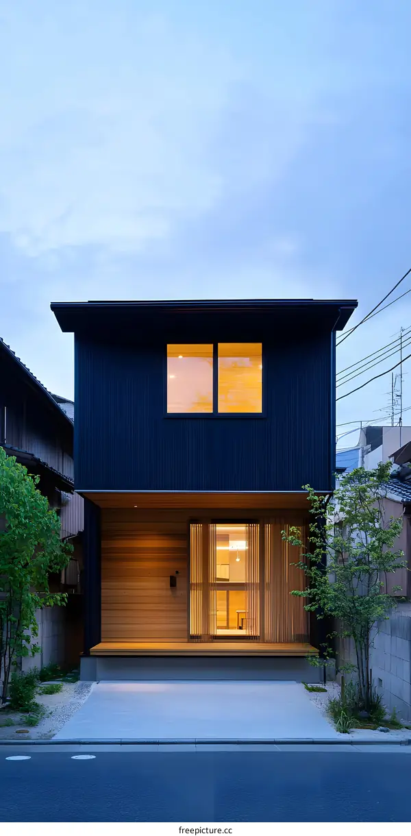 Modern Japanese Style House with Wooden Facade and Concrete Driveway