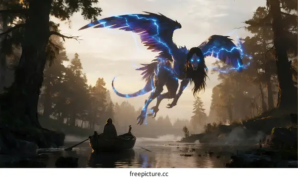 Blue Electric Dragon Flying Over Calm River in Forest