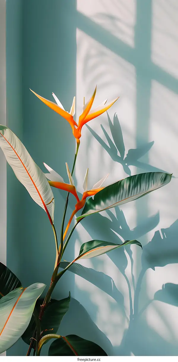 Green Leaves and Orange Bird of Paradise Flowers by Window