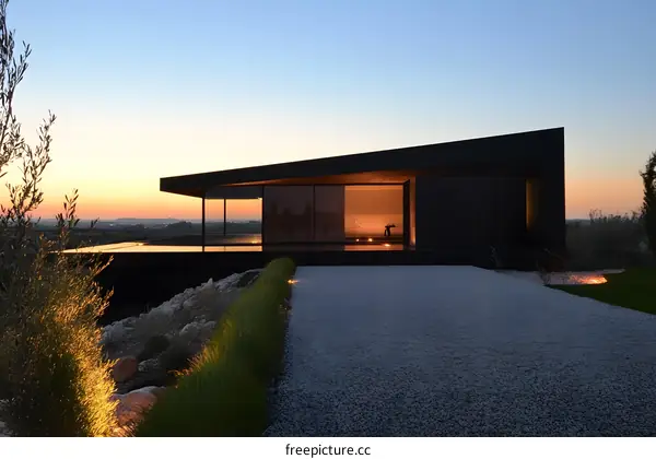 Modern Black House with Infinity Pool at Sunset
