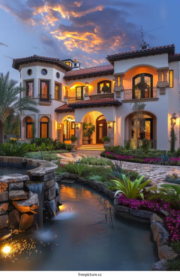 Luxury Mansion Exterior with Exquisite Landscaping at Dusk