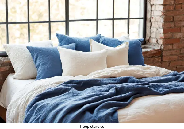 Cozy Linen Bedding Set with Soft Blue and Cream Tones