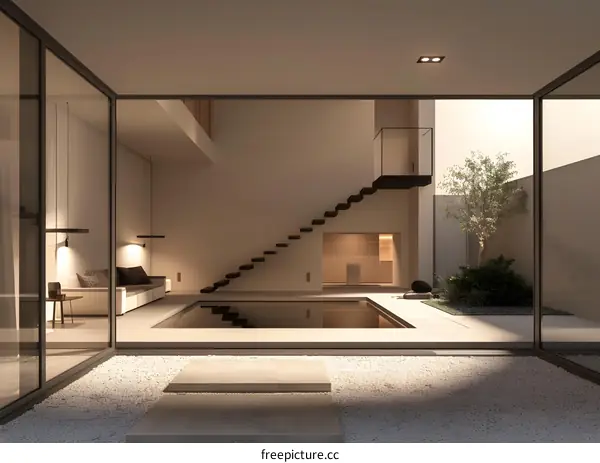 Modern Minimalist Courtyard Design with a Pool and Staircase